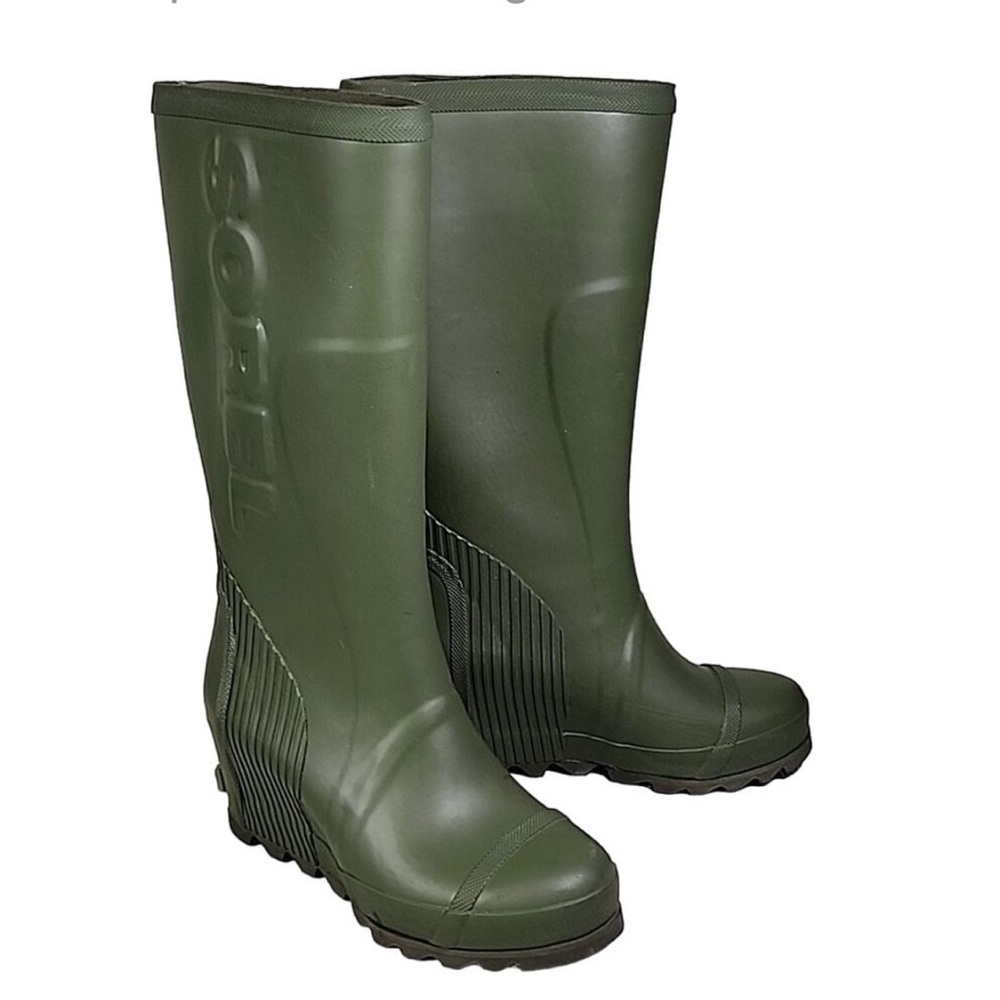 🔥SOREL - Joan TALL WEDGE Green RAIN BOOTS🔥 ☔️